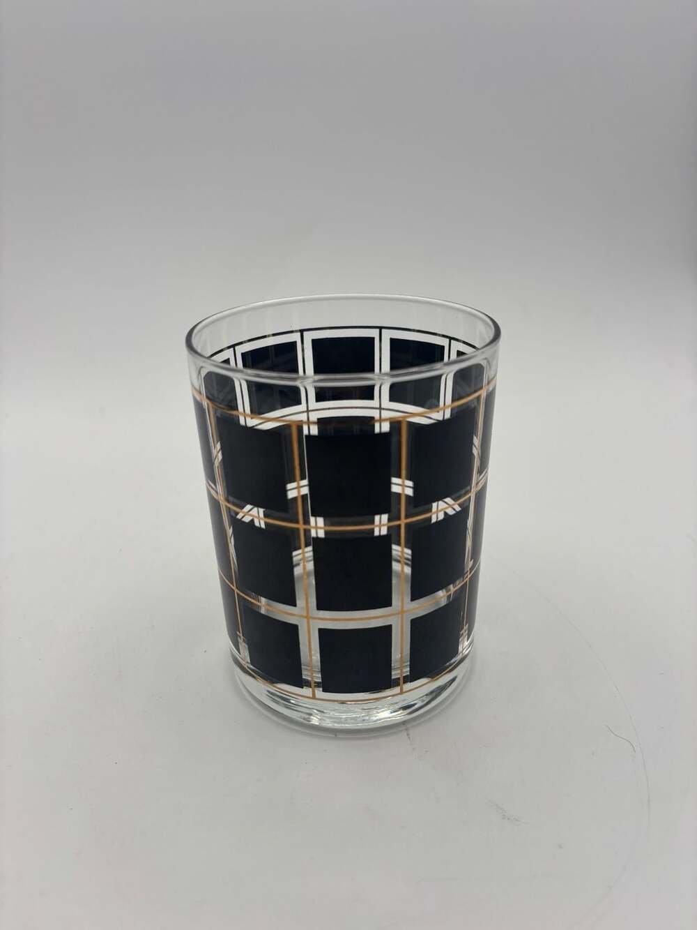 Vintage Culver Devon Black and Gold Grid Double Old Fashioned Glass Mid Century